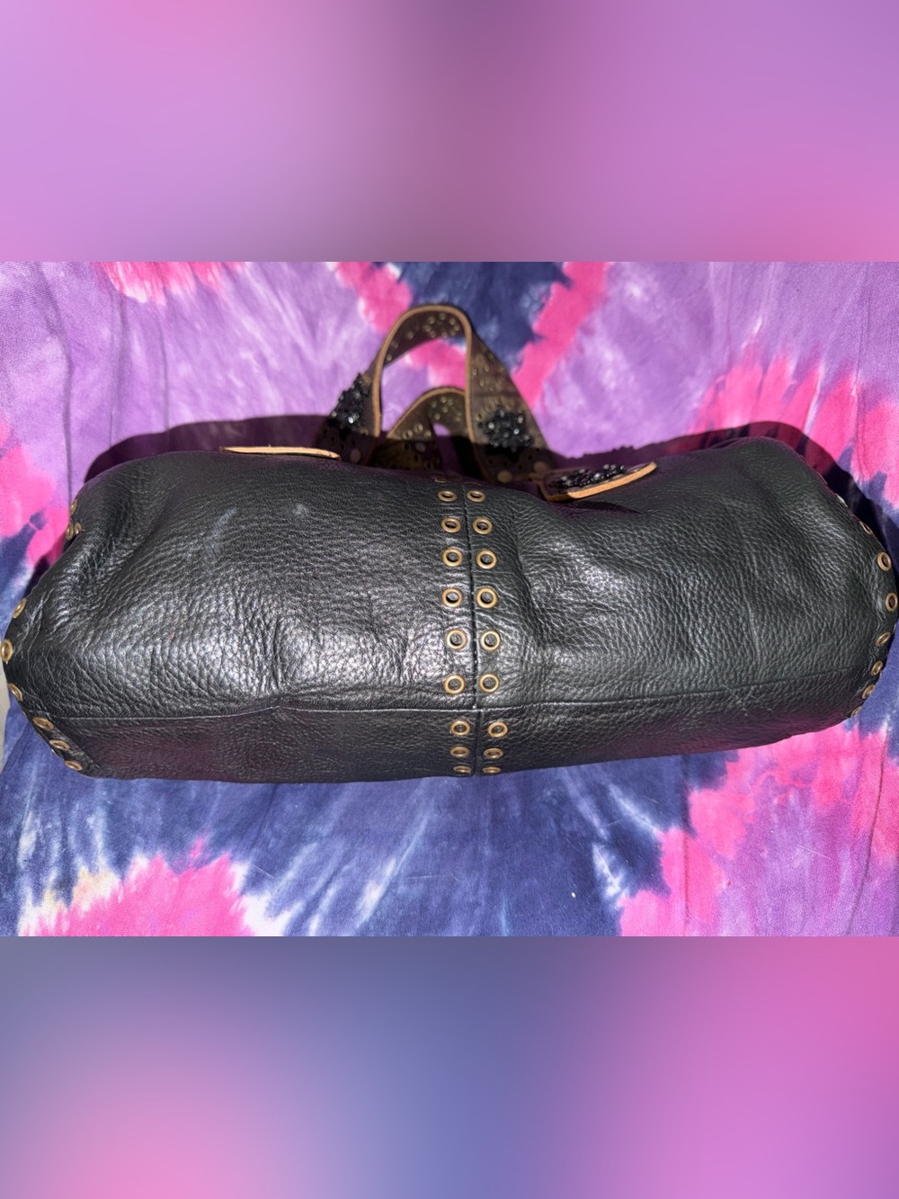 Vintage Betsey Johnson Black Studded Leather Satchel Handbag - Picture 3 of 7